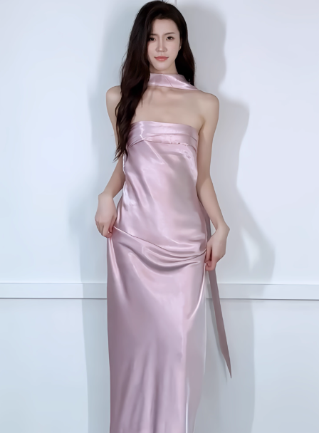 Chic Strapless Sheath Long Evening Dress Satin Sleeveless Wedding Bridesmaid Dresses with scarf