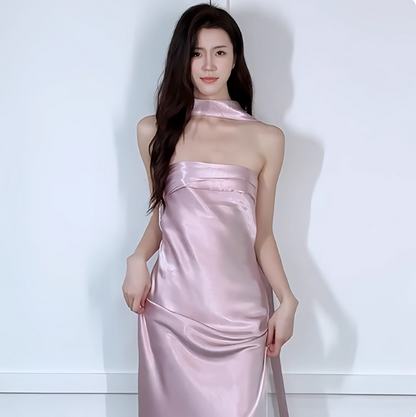 Chic Strapless Sheath Long Evening Dress Satin Sleeveless Wedding Bridesmaid Dresses with scarf