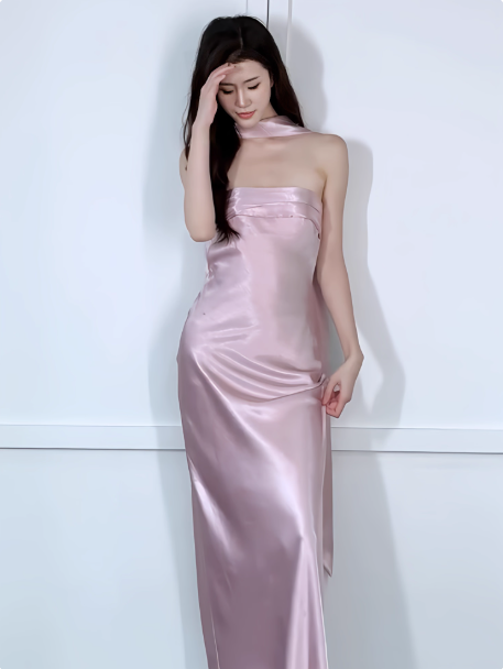 Chic Strapless Sheath Long Evening Dress Satin Sleeveless Wedding Bridesmaid Dresses with scarf