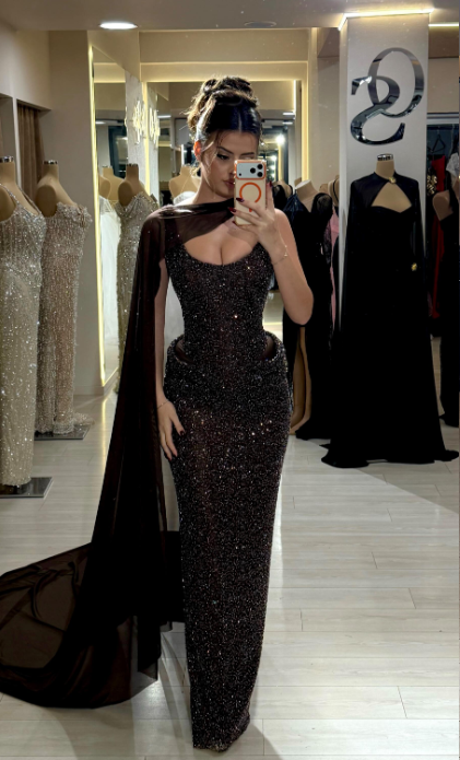 Glitter Sheath Long Prom Dresses Chiffon Beaded Formal Wedding Evening Gown