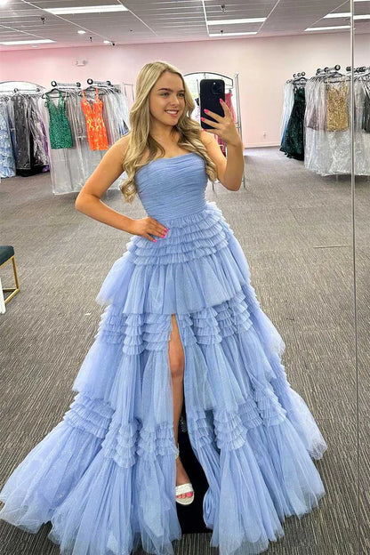 A-Line Strapless Tulle Long Prom Dress with Tiered Ruffles gh2676