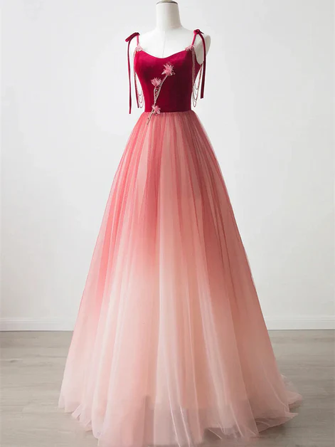 Unique Ombre Red Tulle Applique A Line Evening Dress Formal Prom Dress cc2194