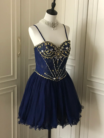 Vintage Navy Blue Lace Beaded A Line Homecoming Dress Short Party Dress cc3180