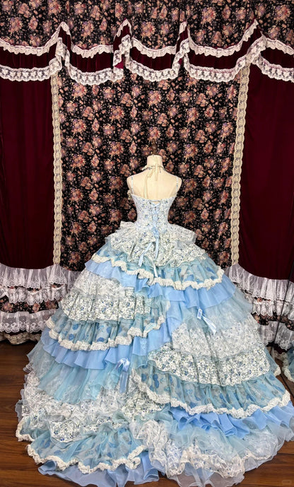 Blue floral sweet cute elegant long satin tulle ball gown evening dress gh4769