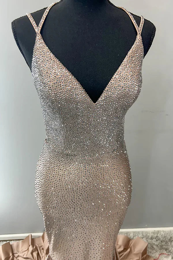 Sparkling Champagne Gold Mermaid V-neck Halter Top With Rhinestone Satin Train Prom Dress Evening Dress cc4852