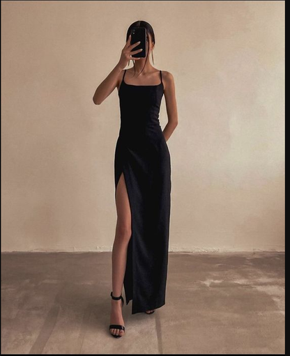 Spaghetti Straps Column/Sheath Long Prom Dress Simple Prom Dress With Split Classic Style Black Evening Dress cc216