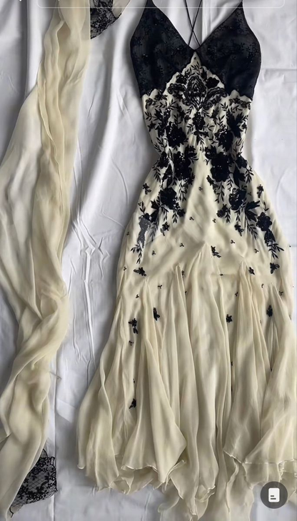 Ivory Mermaid Chiffon Appliques Beaded Prom Dress Spaghetti Strap Party Gown cc3020