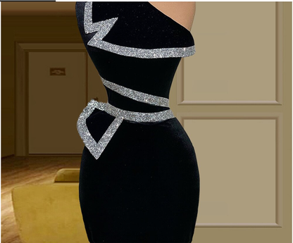 Asymmetrical Black Velvet Mermaid Formal Evening Dress cc82