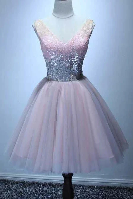 Sequined V-neck Tulle Homecoming Dress Sexy Shining Short Party Dress c3316
