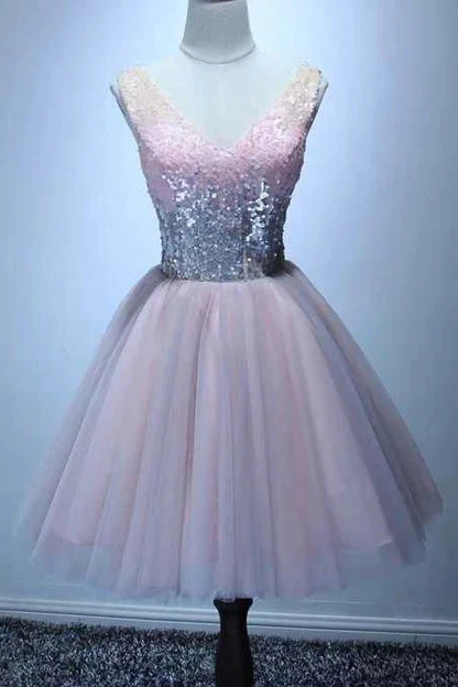 Sequined V-neck Tulle Homecoming Dress Sexy Shining Short Party Dress c3316