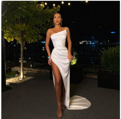 Sheath/Column Strapless Ruched Satin Sleeveless Sweep/Brush Train Long Prom Dresses C403