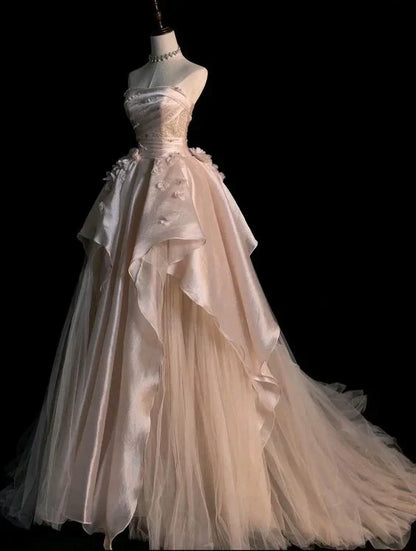 Pink Gorgeous Exquisite A-line Off-shoulder Beaded Long Tulle Ball Gown Wedding Dress Evening Gown gh3497