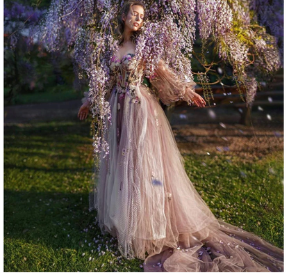 Elegant Dusty Lavender Floral Spaghetti Strap Sweetheart A-line Tulle Long Prom Dress  C2370