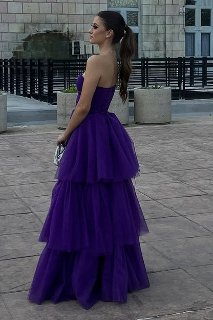 Grape Tulle A-Line Sweetheart Strapless Tiered Prom Dress Corst Formal Evening Gown