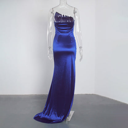 Sheath/Column Strapless Ruched Satin Sleeveless Sweep/Brush Train Long Prom Dresses C403