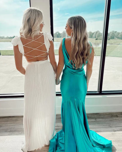 Elegant Sleeveless Mermaid Satin Long Prom Dress V Neck Party Dress cc1593