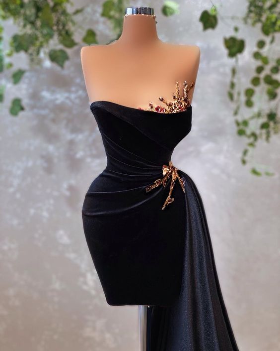 Black Chic Short Prom Dress Unique neckline floral decoration party dress c2581