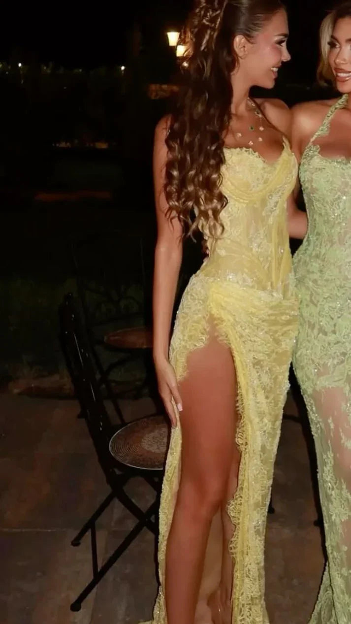 Elegant Pale Yellow Mermaid Strapless High-Slit Lace Long Prom Dress Evening Dress cc5116