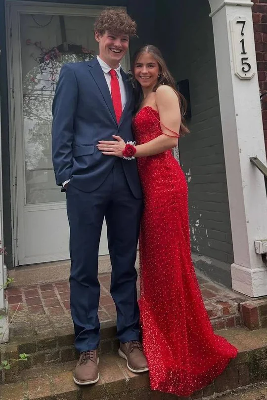 Off Shoulder Glitter Mermaid Long Prom Dress Red Sequins Graduation Dresses