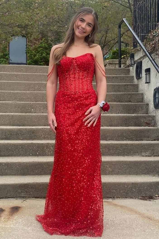 Off Shoulder Glitter Mermaid Long Prom Dress Red Sequins Graduation Dresses