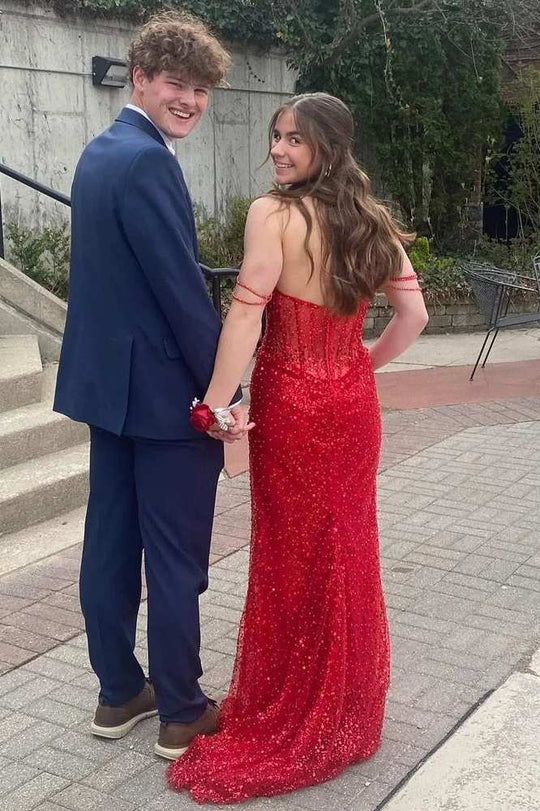 Off Shoulder Glitter Mermaid Long Prom Dress Red Sequins Graduation Dresses