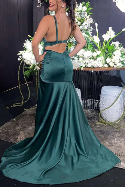 Green Straps Mermaid Prom Dress Leg Split Satin Long Formal Evening Dresses