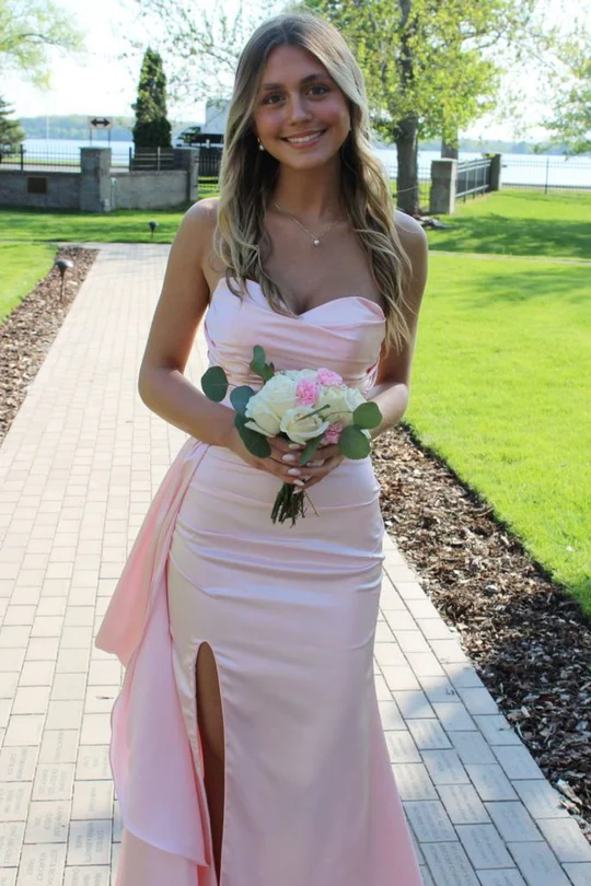 Light Pink Strapless Satin Long Prom Dresses with Slit Open Backs