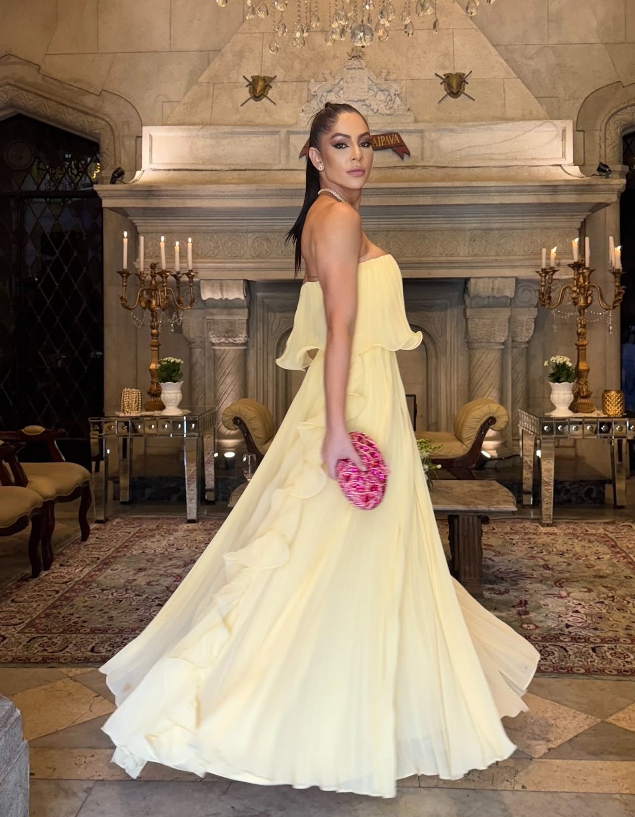 Strapless Yellow A Line Chiffon Prom Dress Pleated Evening Gown Woman Elegant