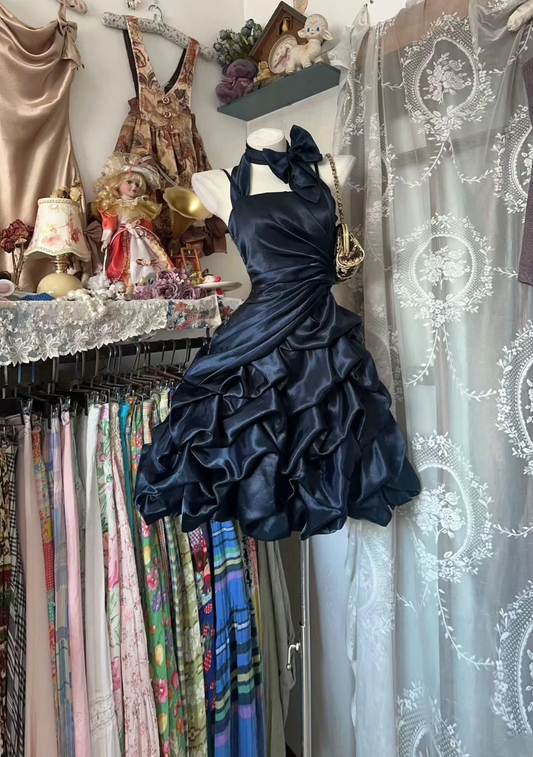 A Line Satin Short Birthday Dress Ruffle Prom Dresses