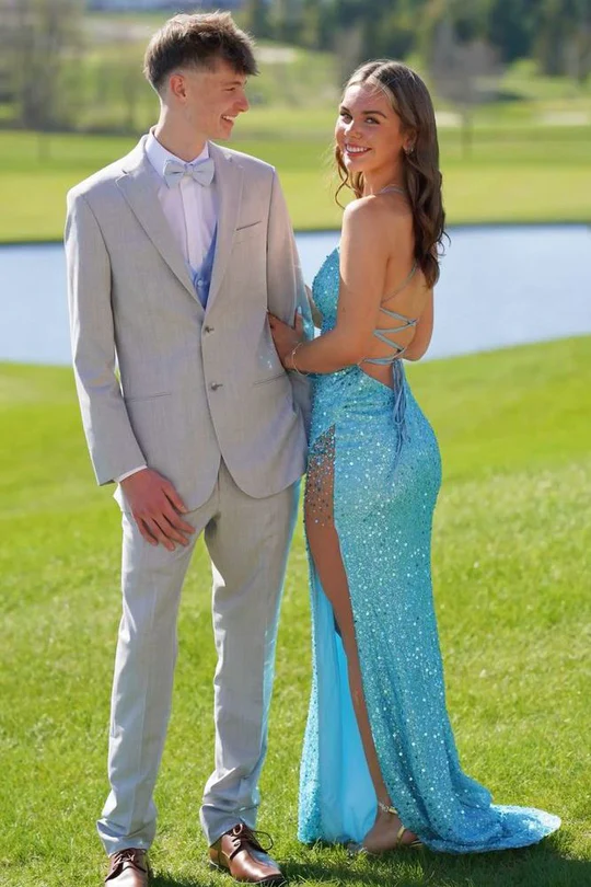 Stunning Spaghetti Straps V-Neck Sequined High Slit Long Prom Dresses