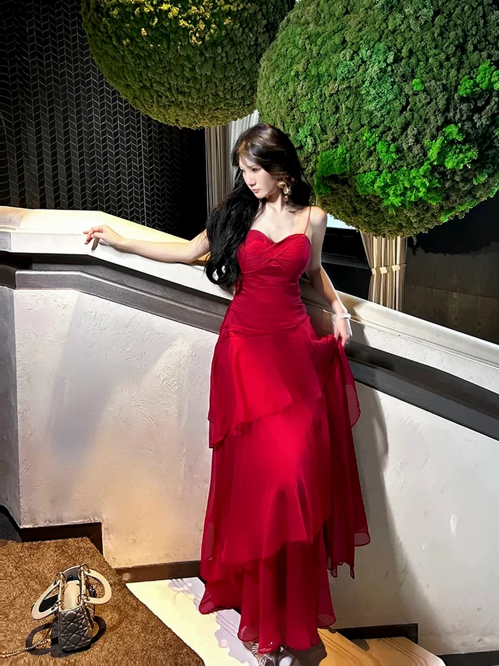 Beautiful Red Chiffon Layered Evening Dress Spaghetti Straps Prom Party Dress cc1928