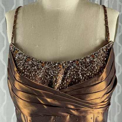 Vintage Spaghetti Straps Pleated Satin Beaded Evening Dress Mermaid Party Dress cc2675