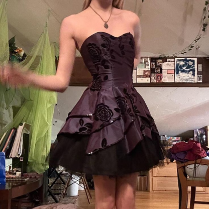 Vintage Satin Tulle Tiered A Line Mini Prom Dress Homecoming Dress cc2550