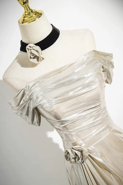 Champagne Off The Shoulder Satin Party Dress, Elegant Mermaid Evening Dress cc2647