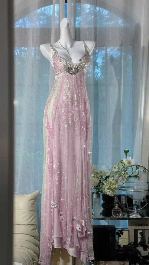 ✨Girlhomeshops-Beige Beaded Exquisite Gorgeous Long Chiffon Prom dress Evening Dress Party Dress gh4986
