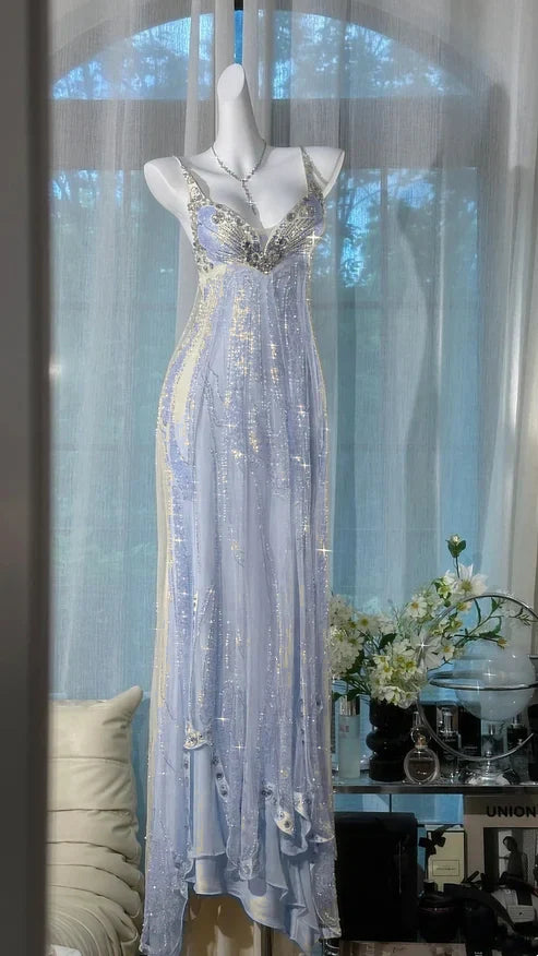 ✨Girlhomeshops-Beige Beaded Exquisite Gorgeous Long Chiffon Prom dress Evening Dress Party Dress gh4986