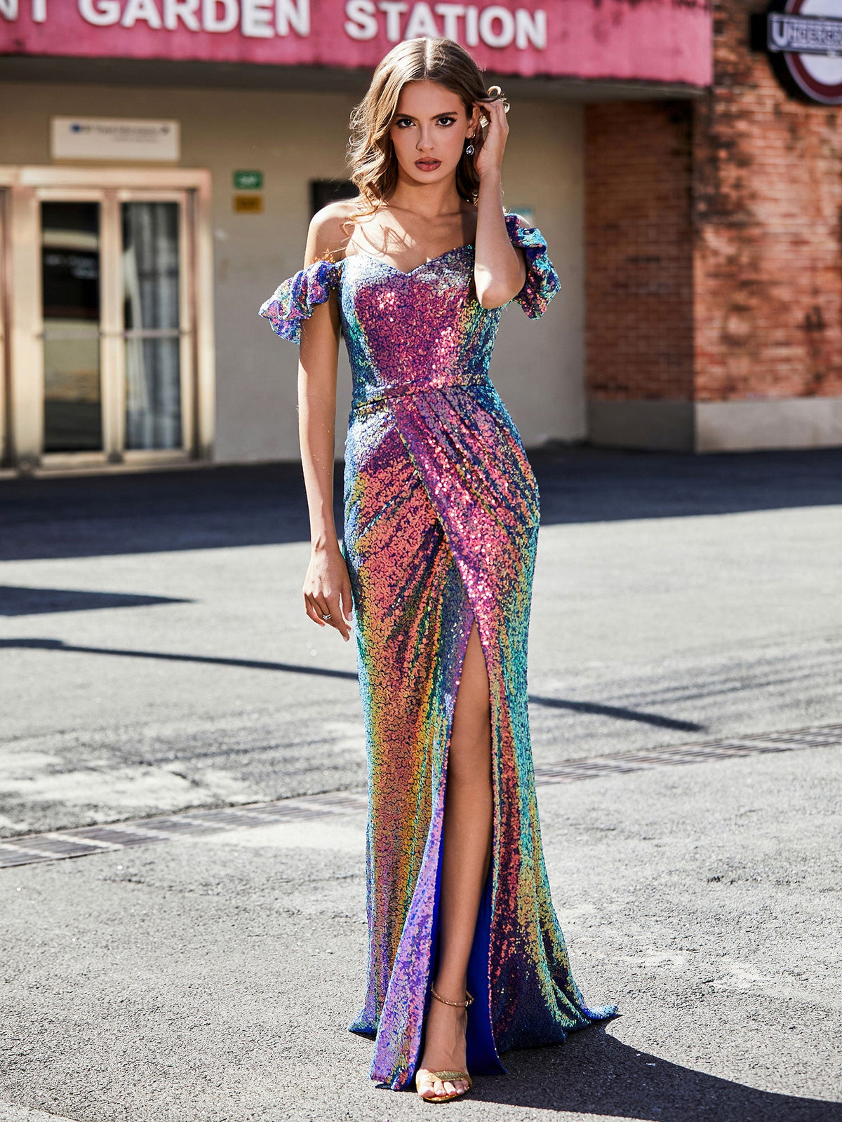Off Shoulder High Slit Long Sequin Gown Grape