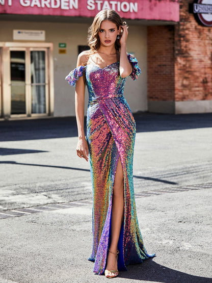 Off Shoulder High Slit Long Sequin Gown Grape