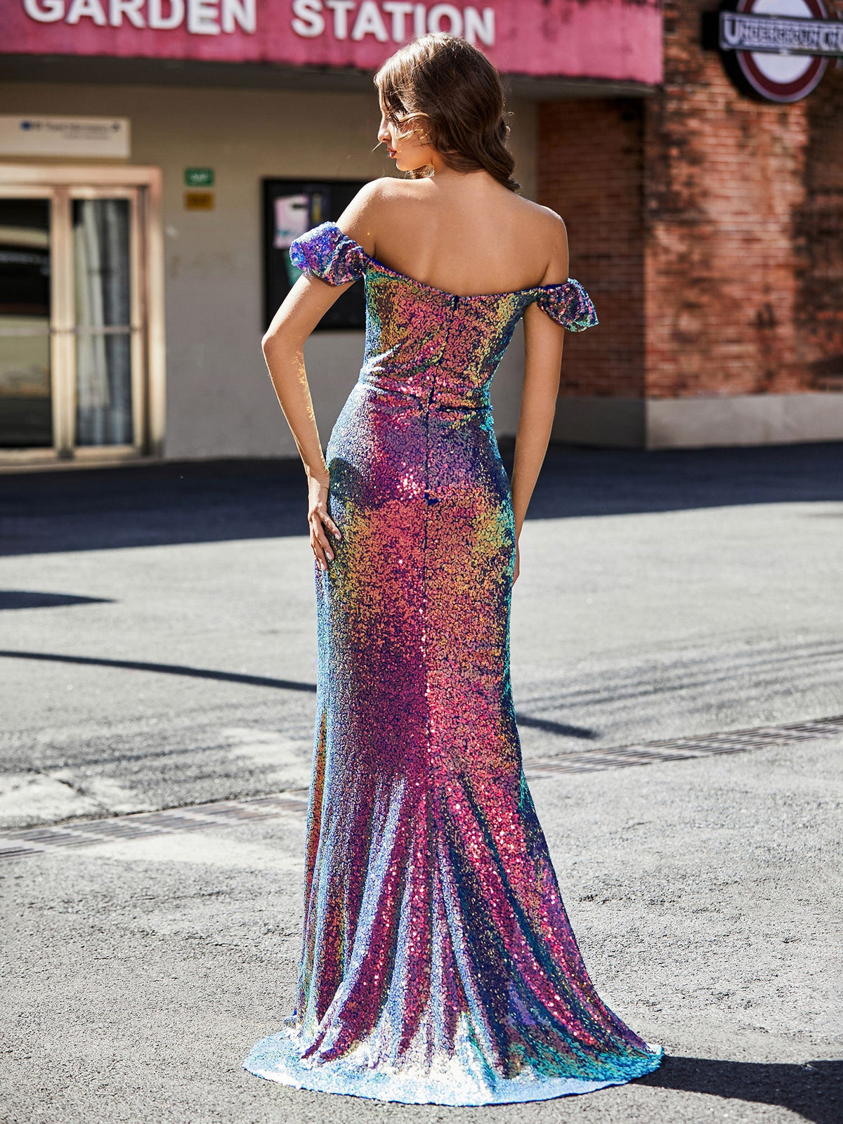 Off Shoulder High Slit Long Sequin Gown Grape
