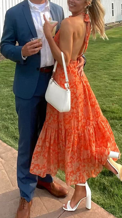 Orange A-line Backless Print Party Dress,Summer Dress cc809