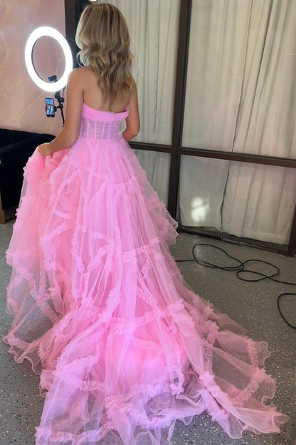 Magenta Strapless Ruffles A-Line Long Formal Dress with Puff Sleeves