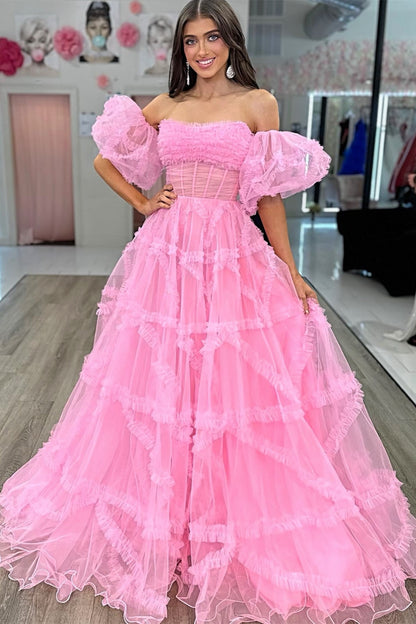 Magenta Strapless Ruffles A-Line Long Formal Dress with Puff Sleeves