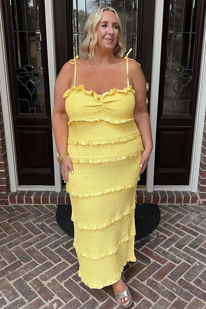 Spaghetti Strap Ruffle Smoked Midi Dress in Yellow
