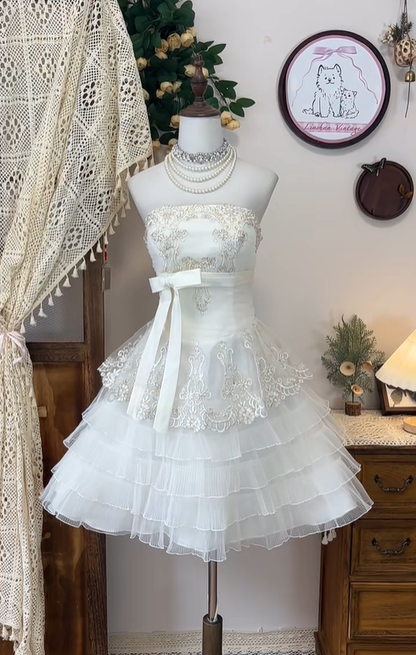 Elegant Strapless Tulle Lace Layered Short Wedding Dress Homecoming Dress cc3084