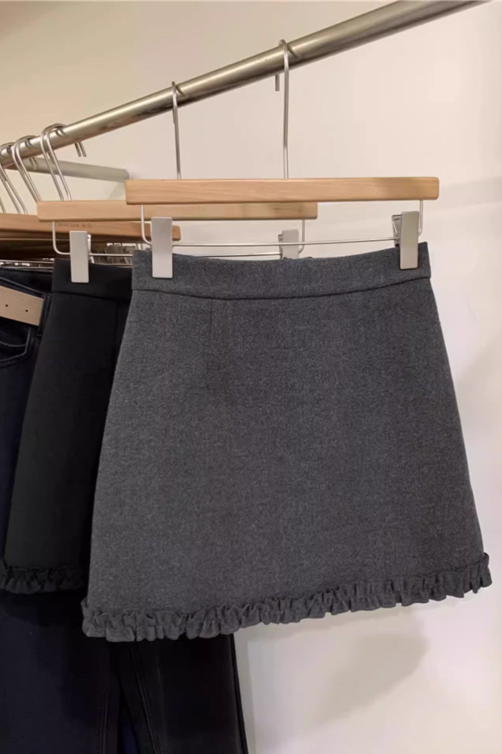 Grey wool midi skirt for women, high-waisted A-line bodycon skirt with lace trim, slimming short skirt for petite women.  11412