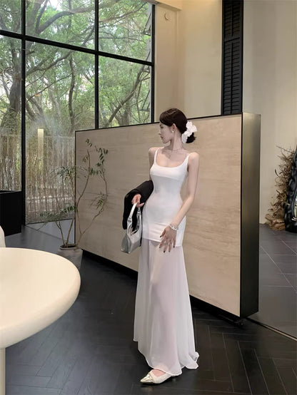 French-style white mesh slip dress, new spring style, elegant and sophisticated, petite and fitted long dress.  11454