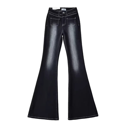 Women's slim-fit, retro-style high-waisted floor-length jeans with visible stitching and front pockets. 11418