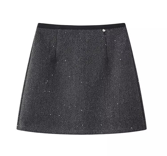 Women's sequined midi skirt, plus size, new spring and autumn style, high-end shimmering star-patterned woolen A-line mini skirt.  11415