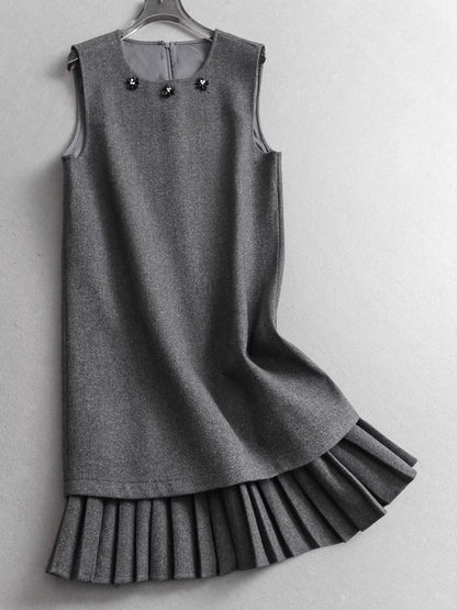 Sequined beaded round neck pleated sleeveless faux two-piece vest dress, slimming layered woolen dress  11296