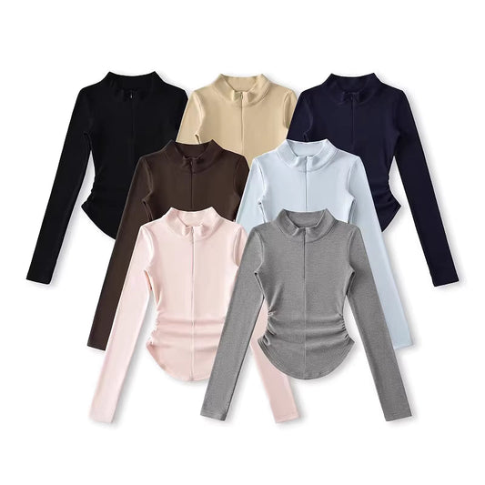 Women's Autumn New Style Half-Zip Long-Sleeve Top with European and American Style Slim Fit and Waist-Defining Base Layer   11429